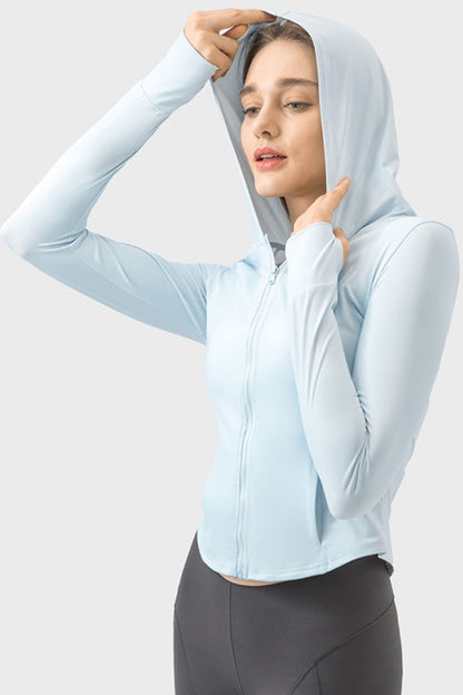 Pocketed Zip Up Hooded Long Sleeve